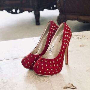Gold Studded Red Platform Heels